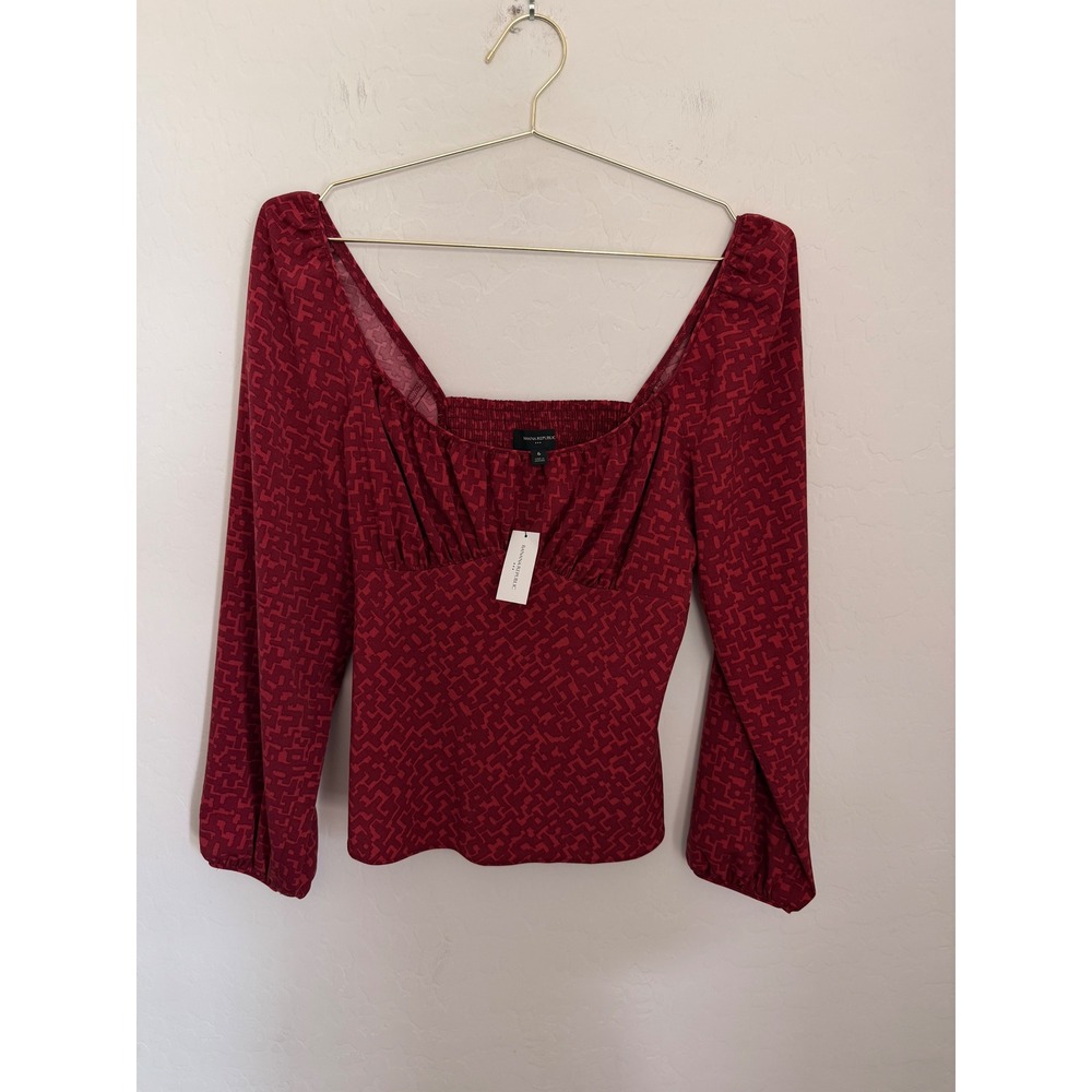 Banana Republic Womens Burgundy Geometric Shirred Bodice Long Slv Top Sz 6 NWT
